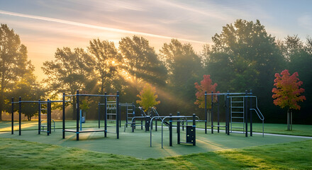 Sunrise at a misty outdoor calisthenics park.