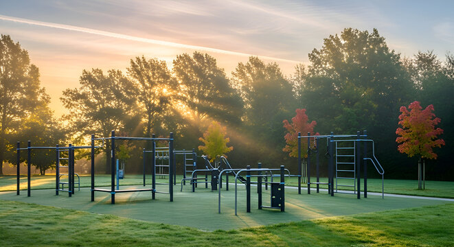 Sunrise at a misty outdoor calisthenics park. - Powered by Adobe