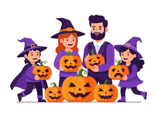 Family Halloween Delight: A lively family, all dressed in Halloween costumes and holding carved pumpkins, share joyous moments in a festive, lighthearted scene of seasonal celebration.