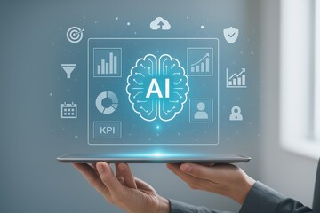 A tablet displays a holographic representation of artificial intelligence, complete with various data visualization elements, including graphs, charts, and icons, illustrating data-driven insights.