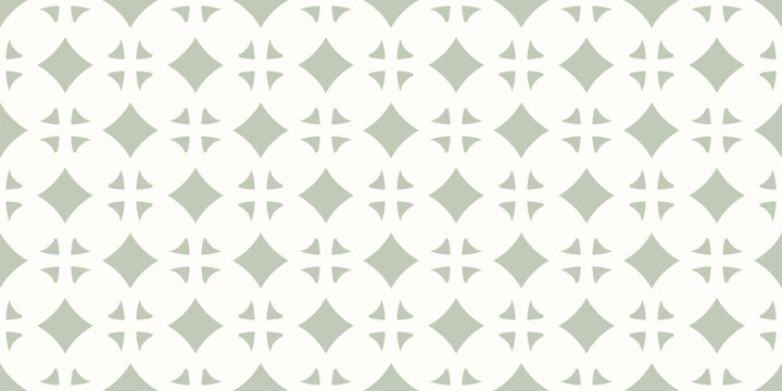 Vector geometric seamless pattern in oriental style. Subtle light green and white ornament. Abstract background with floral silhouettes, diamonds. Simple elegant repeating geo design for decor, fabric