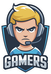 Cartoon gamer boy with headphones and microphone logo gaming esports