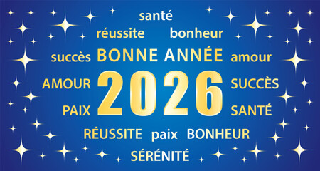 Bonne année 2026 ! Carte de vœux. Illustration vectorielle bleu nuit et or. 