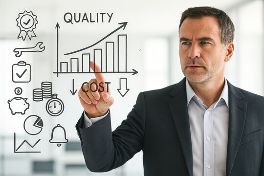 A business professional points to a graphic illustrating the concept of improving quality while reducing cost.