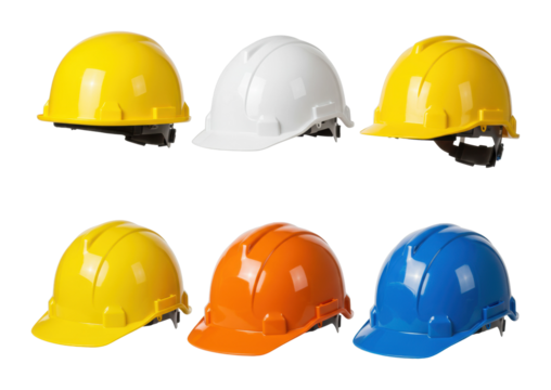 Construction safety gear colorful hard hats displayed industrial setting product focused safety concept isolated PNG