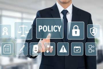 A businessman's hand interacts with a transparent policy interface, highlighting various security and compliance symbols.