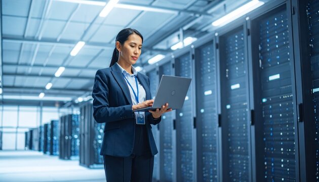 Hispanic Female Chief Technology Officer using laptop in modern data center, representing SaaS, cloud computing, cybersecurity, digitalization, and future IT infrastructure.