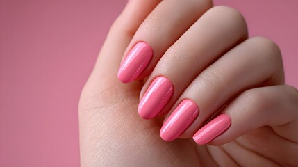 Close-Up of Well-Groomed Hand with Glossy Pink Nail Polish Against a Soft Pink Background