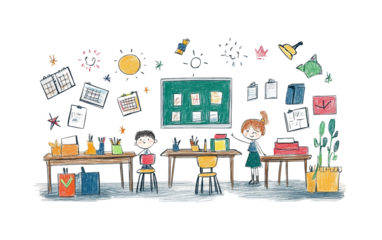 Cute hand drawn classroom scene with teacher guiding students representing education learning creativity and symbolic academic environment isolated on transparent background PNG