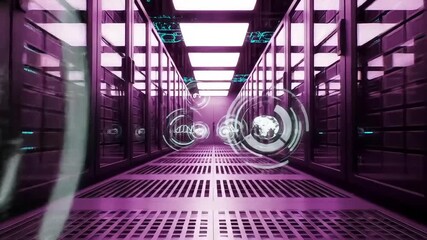 Server room with digital data overlays and purple lighting shows data center technology - Powered by Adobe