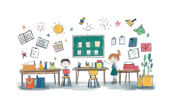 Cute hand drawn classroom scene with teacher guiding students representing education learning creativity and symbolic academic environment isolated on transparent background PNG