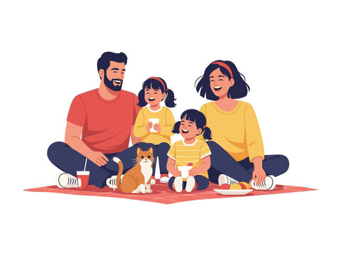 Happy Family Picnic: Illustration of a family with two little girls enjoying a cheerful picnic on a sunny day, embodying happiness and togetherness.