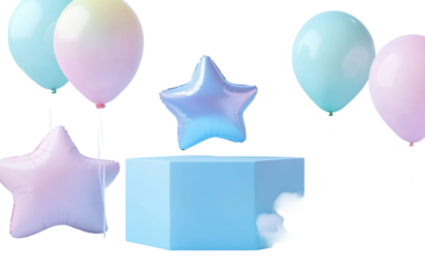 Cute pastel blue cube platform with floating design elements symbolizing minimal artistic creativity and modern geometric digital expression isolated on transparent background PNG
