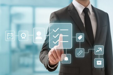 A businessperson interacts with a digital interface displaying interconnected workflow icons, highlighting a process with tasks, approval, and progress indicators.