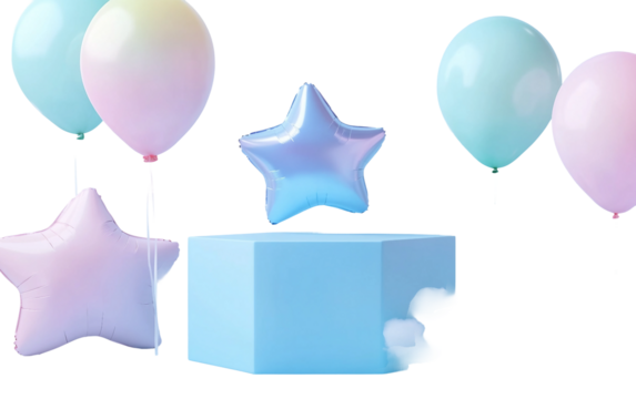 Cute pastel blue cube platform with floating design elements symbolizing minimal artistic creativity and modern geometric digital expression isolated on transparent background PNG