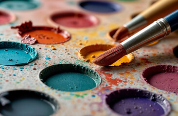 Obraz premium Vibrant paint palette with brushes at an artist's workspace showcasing colors on a creative day