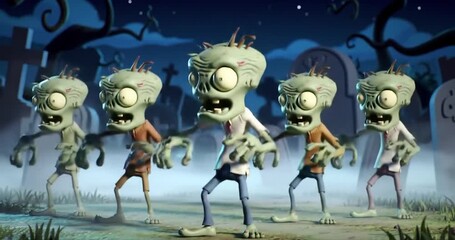  Group of funny cartoon zombies in a graveyard dance party at night