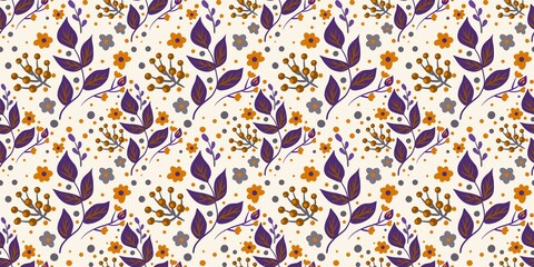 Autum Winter Pattern Background Illustration For Cover, Banner, Notes. Fall Winter Aesthetic Background.  Plant And Flower Pattern Background.