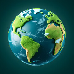 Fototapeta premium Detailed 3d rendering of planet Earth with continents covered in green grass and realistic textures, ecological world concept with oceans, clouds and natural surface relief, environmental illustration
