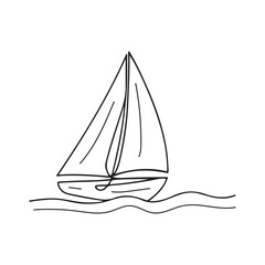Hand-Drawn Sailboat on Ocean Waves – Nautical One Line Art for Travel Concepts