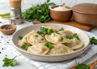 Bowl of Ukrainian Varenyky dumplings with parsley garnish