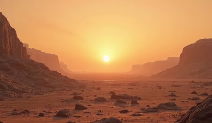 Naklejka premium Sunset over a canyon landscape with rocky terrain and warm orange hues in a desert environment view