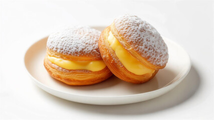 Delicious Custard-Filled Berliners with Powdered Sugar On Plate Isolated on White Background, Soft Shadow