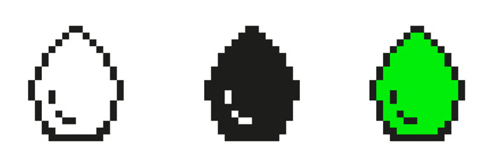 Fototapeta premium Pixel Art Drop Icon Set. Liquid And Water Symbols In Pixelated Style. Includes White, Black, And Green Variations. Isolated Vector Illustration