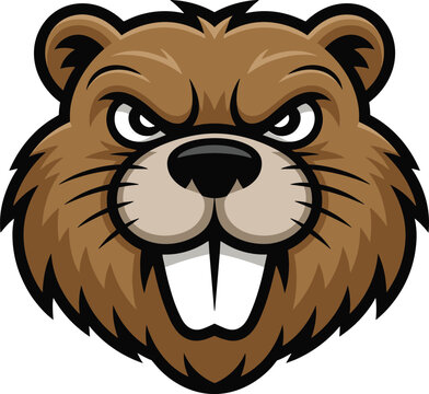 Fierce brown beaver mascot head with large teeth and angry eyes animal face