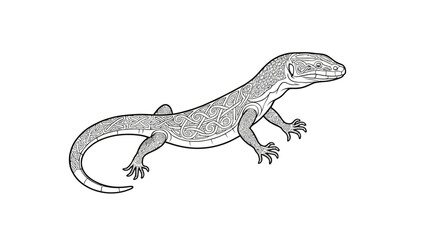 Naklejka premium Monitor Lizard Sketch:Detailed line art drawing of a monitor lizard, showcasing its sleek body, powerful legs, and long tail. The sketch highlights the intricate scales and features of this reptile.