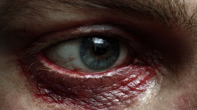 Sports Eye Safety Awareness Month. Photorealistic 3D model showing blunt trauma to the eye with swelling and bruising around the orbit, detailed skin texture, educational medical visualization
