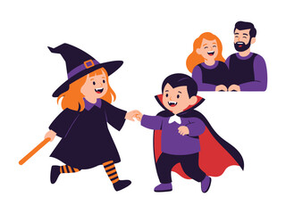 Playful Halloween: Charming illustration of children dressed in Halloween costumes playfully interacting, overseen by their guardians with evident delight.