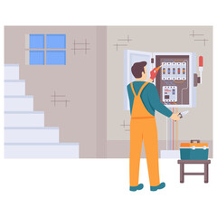 Electrician performing tests on disconnector box concept, isolator switch mechanical fastening vector design,Electric  Profession banner,High Voltage Power Supply scene Handyman Repairman illustration