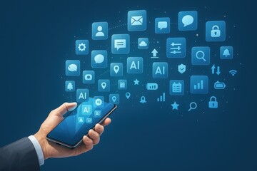 A hand holds a smartphone, surrounded by various digital application icons, showcasing a concept of interconnected applications and technology.