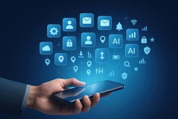 A hand holds a modern smartphone, surrounded by a vibrant array of digital icons representing cloud computing, artificial intelligence, and connectivity.