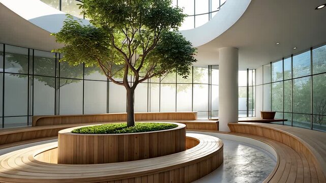 Spacious modern atrium interior with circular bench and large indoor tree under bright natural daylight windows