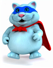Fototapeta premium Superhero cat in costume with cape and mask, striking a heroic pose. Fun and playful concept for courage, fantasy, and adventure. Isolated on white background, ideal for creative use.