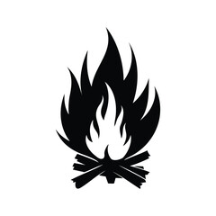 Black and White Campfire Illustration with Flames and Wood Piles Design, bonfire flame icon silhouette vector illustration