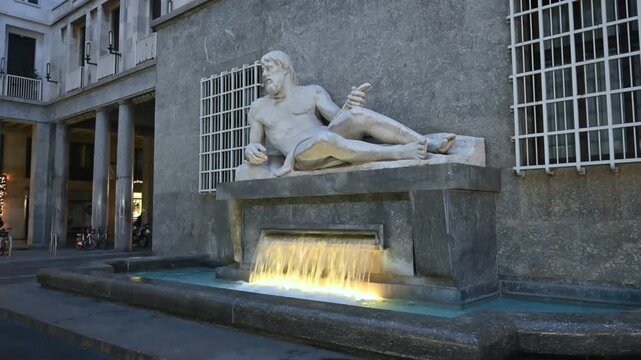 Turin, Piedmont, Italy. November 20, 2024. In Piazza CLN, the fountain symbolizing the Po River with a male figure. Iconic places of the city, travel destinations.