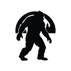 Silhouette of Bigfoot with Forest Background, Sasquatch Walking in the Wild, bigfoot at night silhouette vector illustration