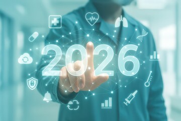 A medical professional's hand interacts with a projected display of 2026, highlighting healthcare advancements and technological progress.