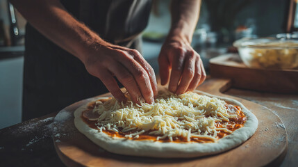 Top view of chef hands adding mozzarella cheese on pizza base on the table in kitchen