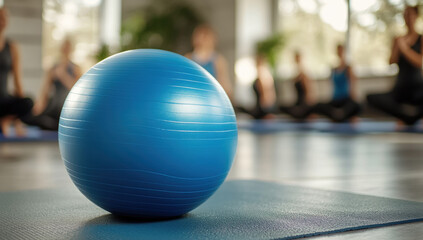 Small blue Pilates ball lying on a blue exercise mat is ready for use in the gym and promotes fitness and wellness activities.