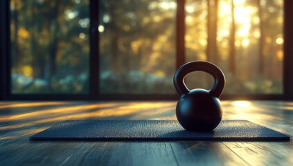 Black kettlebell lies on an exercise mat against a blurry background of the fitness room