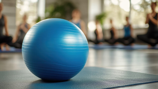 Small blue Pilates ball lying on a blue exercise mat is ready for use in the gym and promotes fitness and wellness activities.