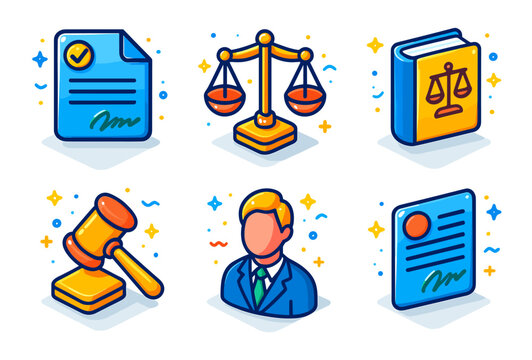 Colorful legal icons representing justice, law, and documentation