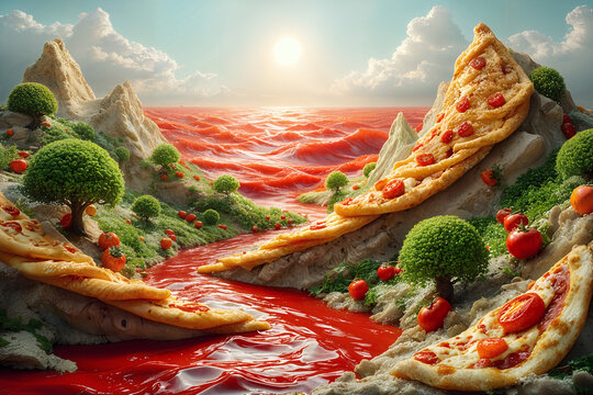 A surreal and fantastical landscape where mountains are made of pizza slices, a river of tomato sauce, and green broccoli trees grow on the land. AI generative.