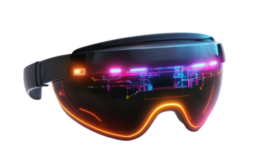 Futuristic cyberpunk visor device designed with glowing neon display representing modern augmented intelligence and high tech cultural identity isolated on transparent background PNG