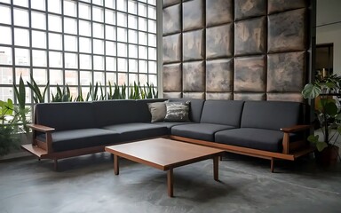 Corner sofa against of grid window near grunge stone panel wall. Interior design of modern living room.