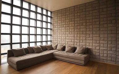 Corner sofa against a grid window near grunge stone panel wall. Interior design of modern living room.